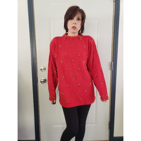 80s Red and Gold Beaded‎ Sweater - Picture 1 of 5